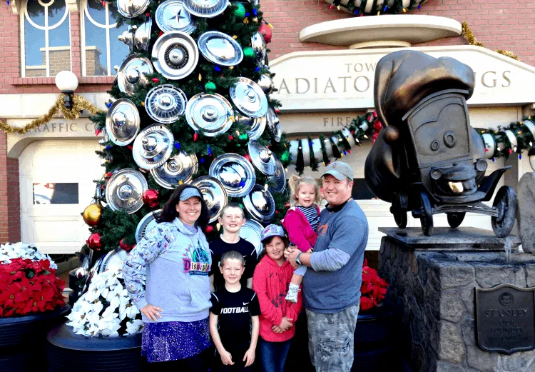 Disneyland Christmas decorations in Cars Land include a hubcap tree