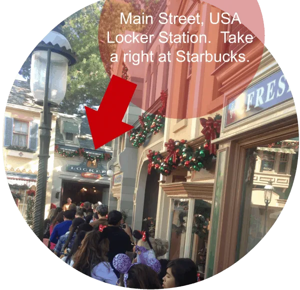 Tips for surviving Christmas at Disneyland includes going to the lockers on Main Street right off! 