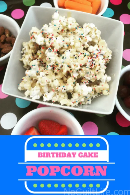 This is perfect for your next get together or summer snack: Birthday Cake Popcorn. Sweet and gooey goodness, with extra fiber as a bonus! It's like a rice krispy treat made with popcorn. 