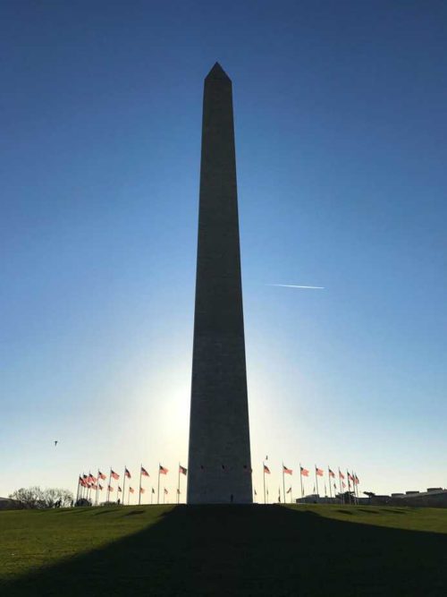 washington monument sunrise US flags for Memorial Day