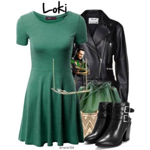 Green dress, black bookes, leather jacket: How to Marvel Loki Disneybound on a budget! #MCU #Marvel #Loki #Disneybounding #fashion