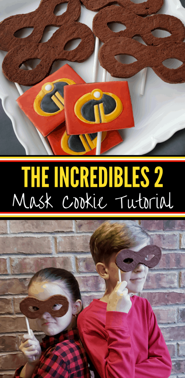 Incredibles 2 mask cookies and logo cookies for an Incredibles themed birthday party! Or a Pixar Incredibles watching party. The superhero mask cookies work for other movies as well. #Incredibles #Incredibles2 #IncrediblesBirthdayParty #cookietutorial #partyideas #kidspartyideas #kidspartyfood #TheIncrediblesPartyIdeas 