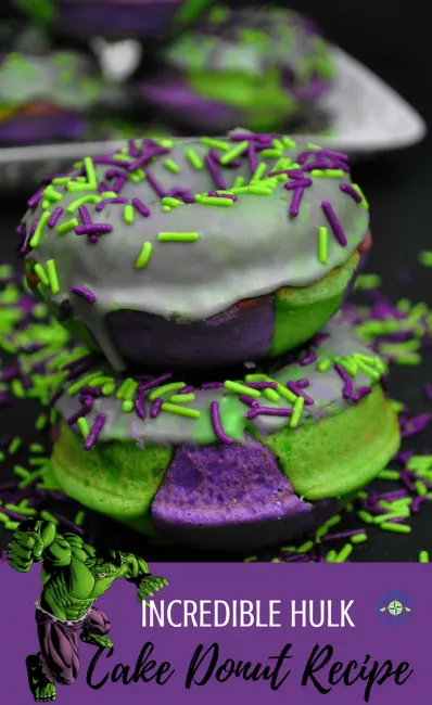 Marvel Incredible Hulk cake donuts on a plate with green and purple sprinkles. Hulk birthday ideas! #hulk #marvel #birthdayideas #food #donuts 