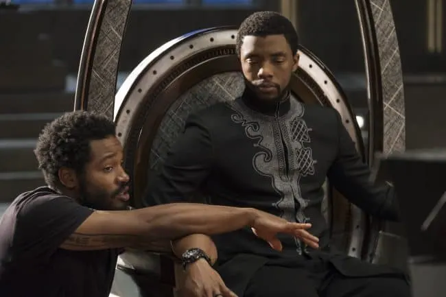 Marvel Studios' BLACK PANTHER..L to R: Director Ryan Coogler on set with Chadwick Boseman (Black Panther/T'Challa)