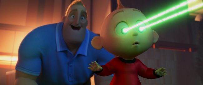 Bob Parr and Jack-Jack with laser eyes in Incredibles 2 one of Jack-Jack's powers.