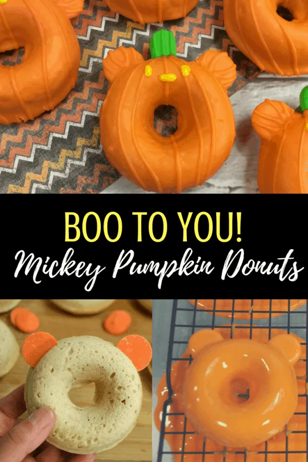Boo to you! Mickey Pumpkin Cake Donuts are perfect for your Halloween Party fun this year. Easy recipe. #Halloween #mickey #Mickeyshaped #Mickeyfood #donut #donuts #cakedonuts #recipe #halloweenparty #halloweenpartyideas