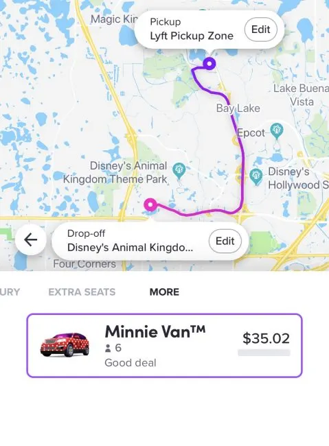 Minnie Van pricing from Magic Kingdom to Animal Kingdom Sept 2018