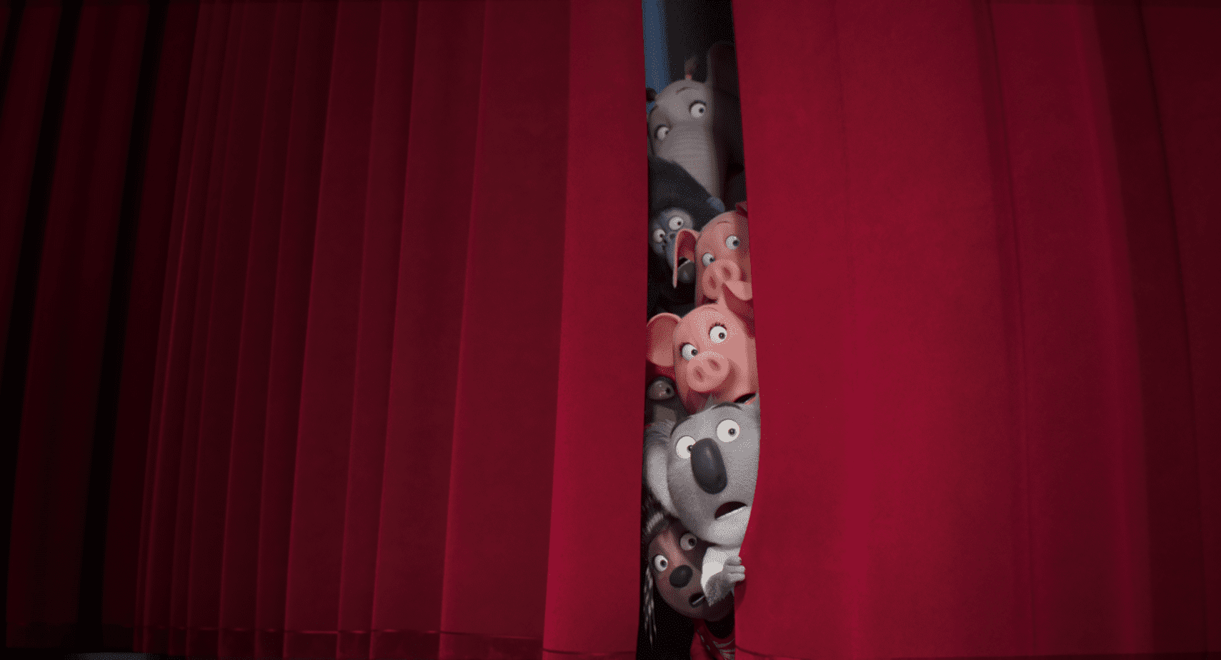 quotes from sing 2 movie. animals looking out through a stage curtain. 