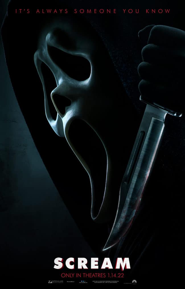 Scream 2022 movie quotes. Ghostface and knife movie poster.