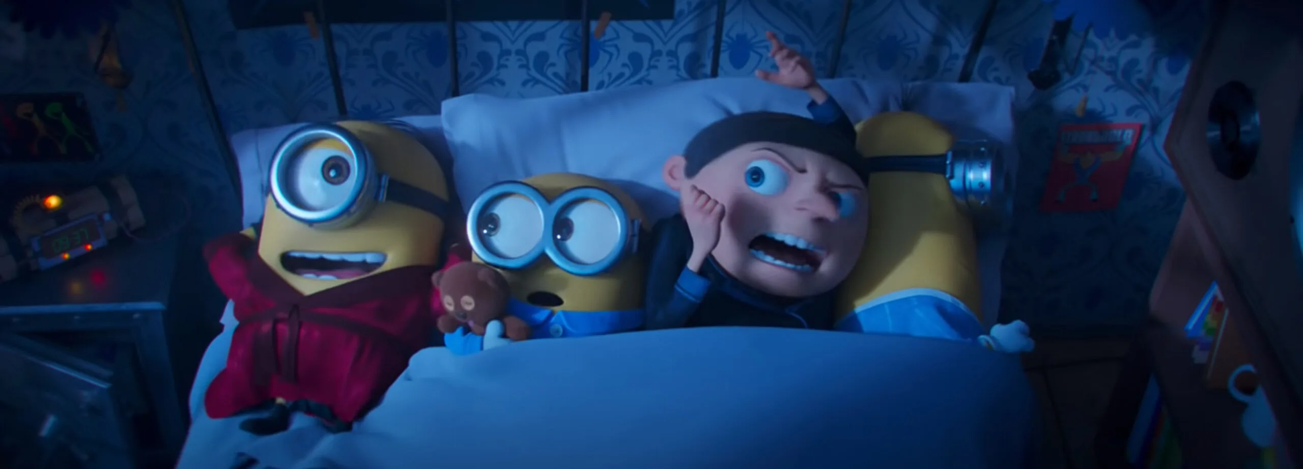 Minion quotes from The Rise of Gru. 3 minions and gru in a bed in the dark. 