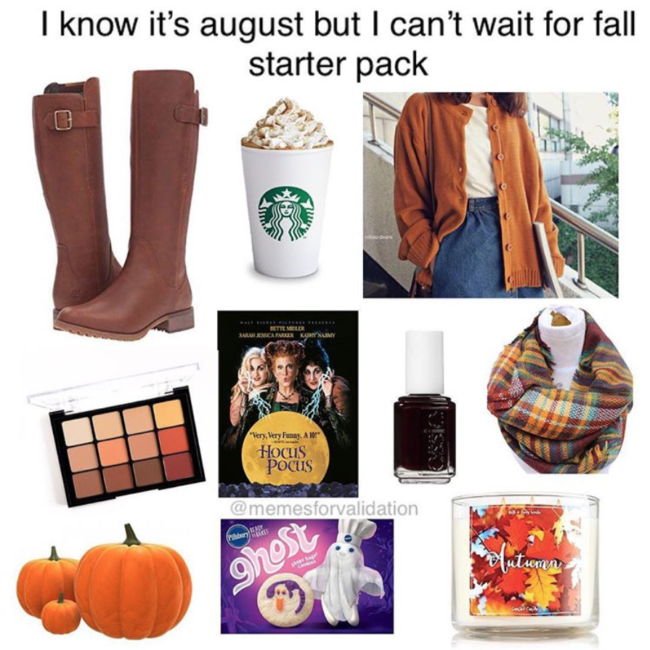 fall memes starter pack. grid of fall product pictures including boots, pumpkin spice late, sweaters, scarves, make up and hocus pocus