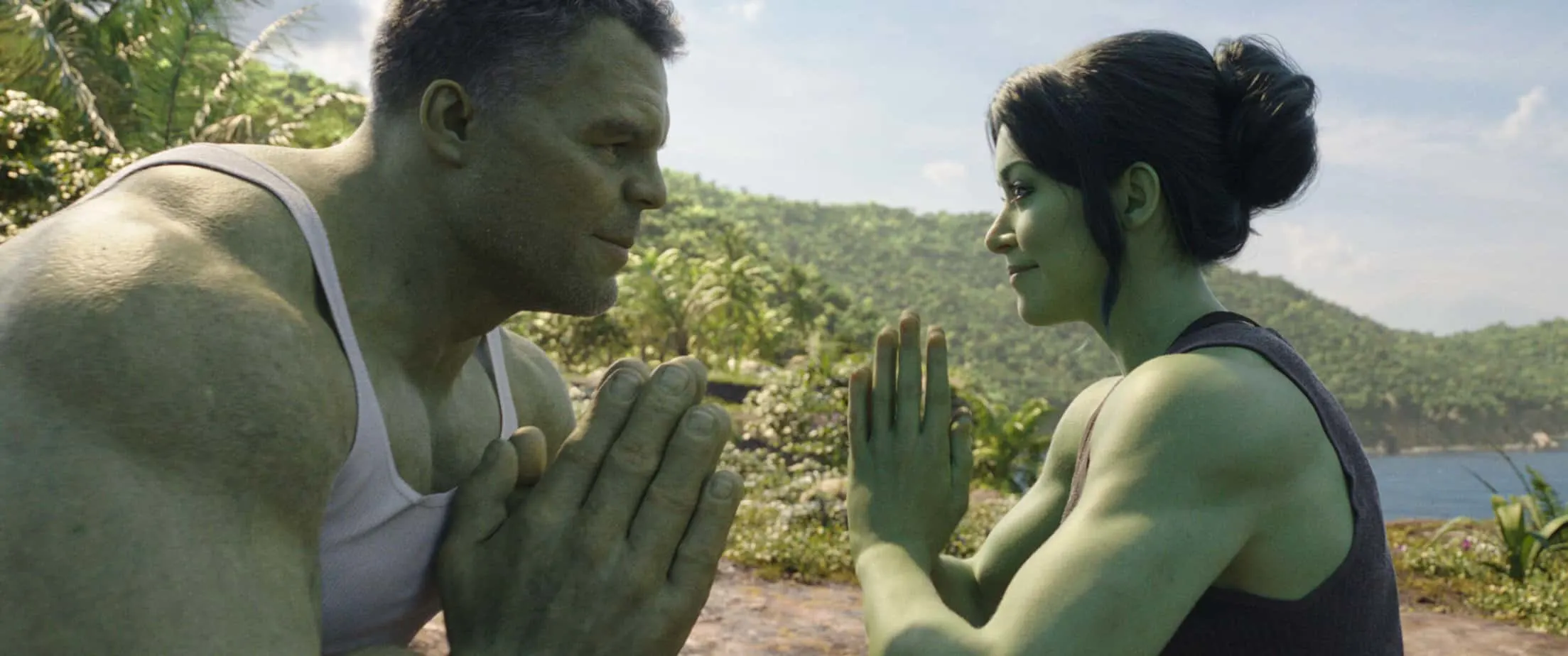 Hulk (Large green man) and SheHulk (Large green woman) are bowing to each other out in nature. Quotes from SheHulk