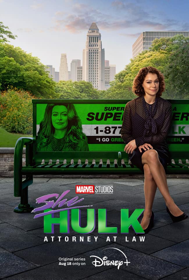 Sex in the MCU: She-Hulk movie poster. Jennifer walters sitting on a bench with her face on it. 