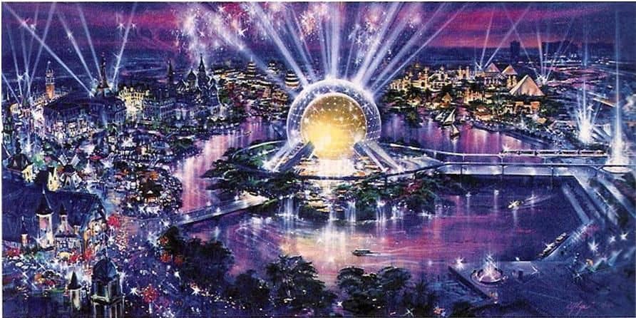 Westcot concept art showing lots of lights and a gold version of Spaceship Earth.