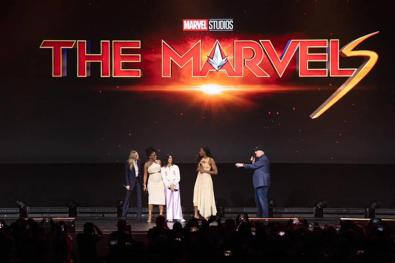 The cast of The Marvels on stage during the Marvel Studios panel at D23 Expo 2022.