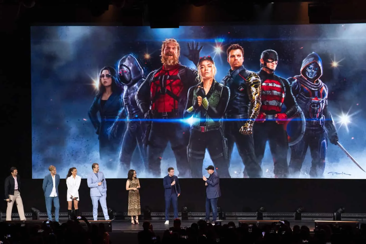 The cast of Thunderbolts on stage during the Marvel Studios panel at D23 Expo 2022.