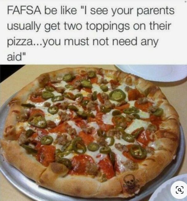 fafsa memes. two toppings on your pizza. 