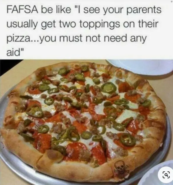 fafsa memes. two toppings on your pizza. 