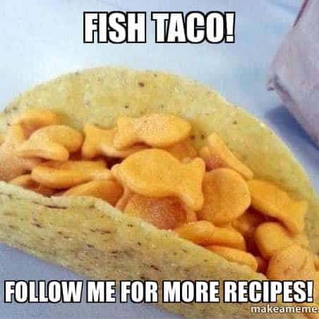 fish taco tuesday memes. follow me for more recipes! goldfish in a taco shell.