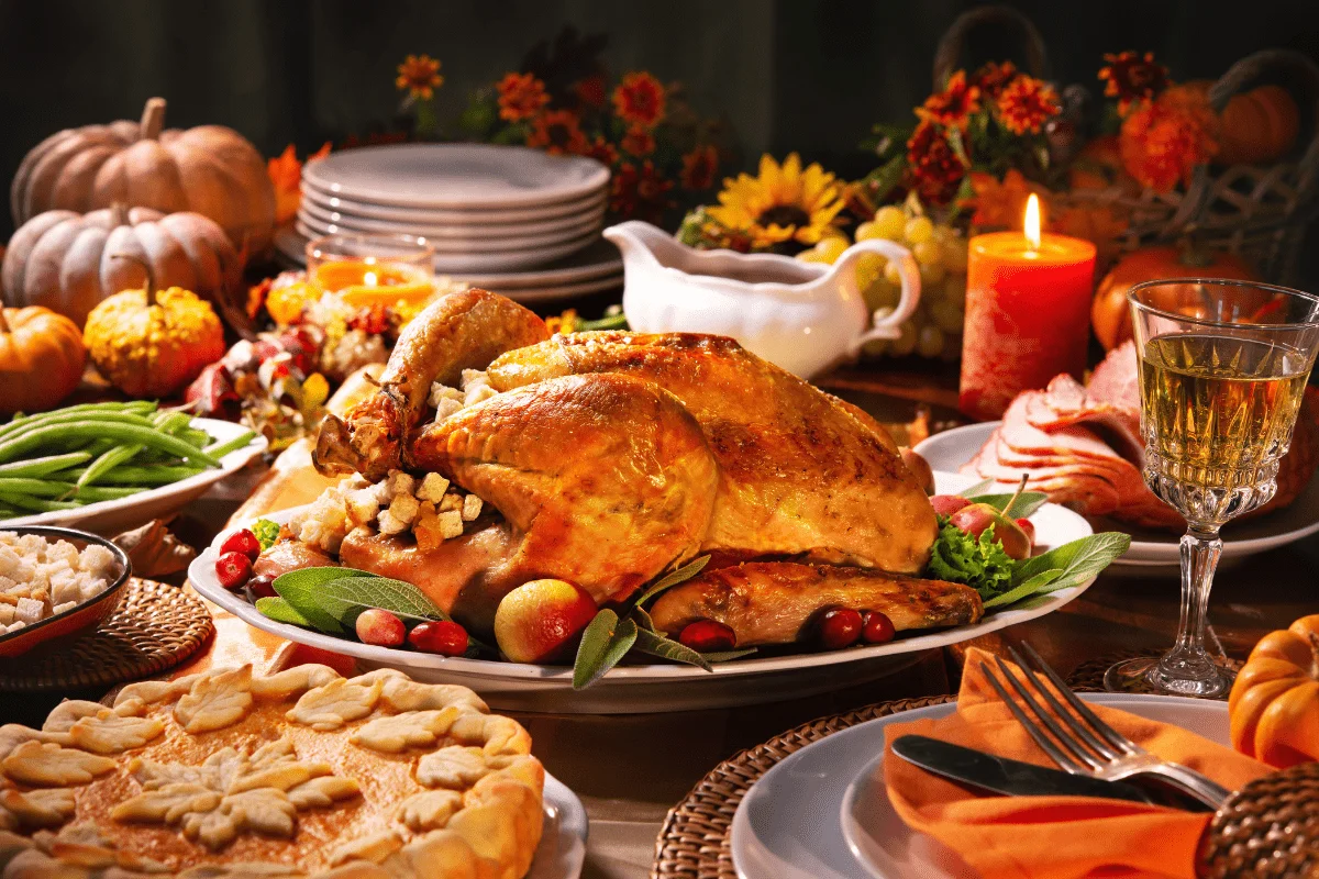 happy thanksgiving i love you quotes for your instagram captions. full turkey meal on a table for thanksgiving. 