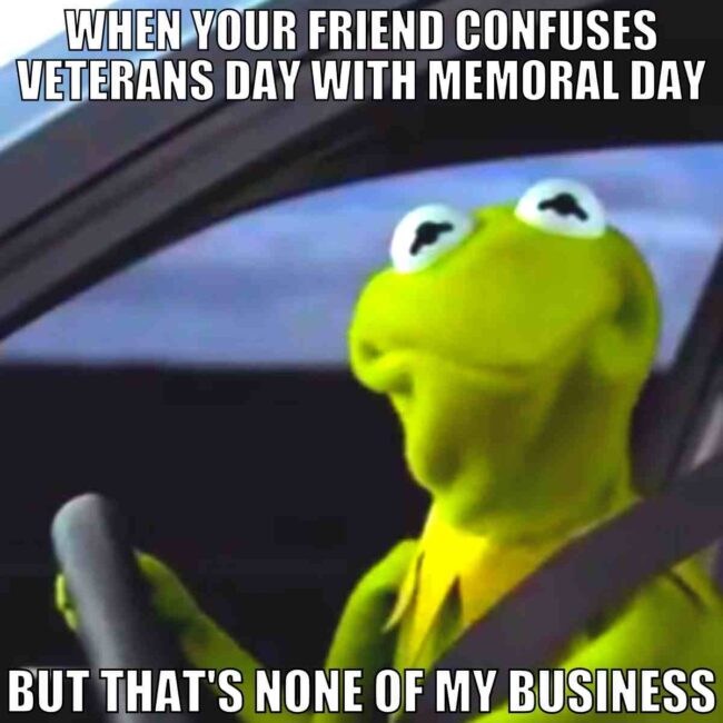 funny veterans day memes: kermit the frong none of my business.
